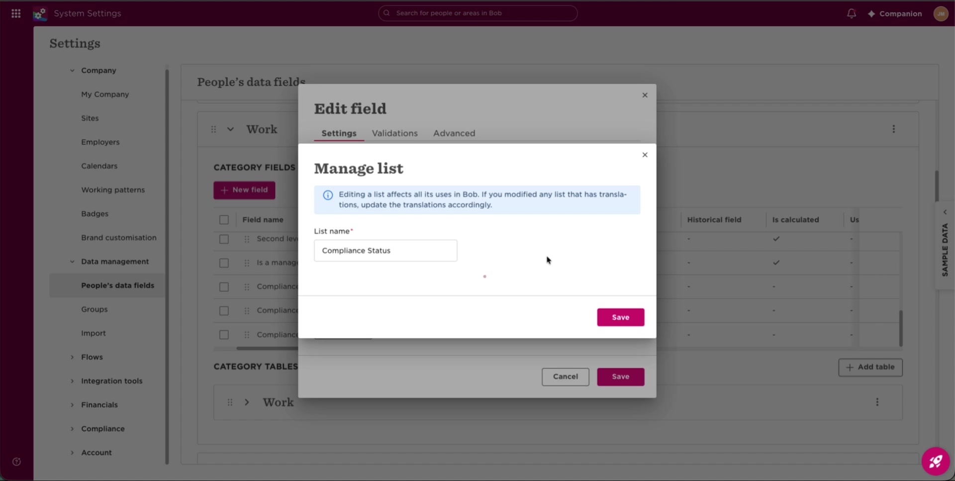 Bob System Settings open at Data management, People's data fields, Work category, with the Edit field and Manage list dialogs open
