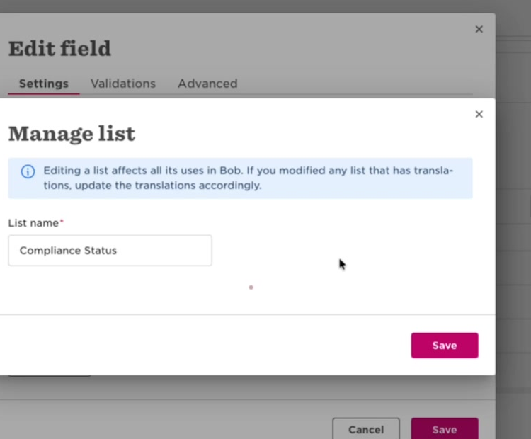 The Manage list dialog in Bob with Compliance Status entered as the list name