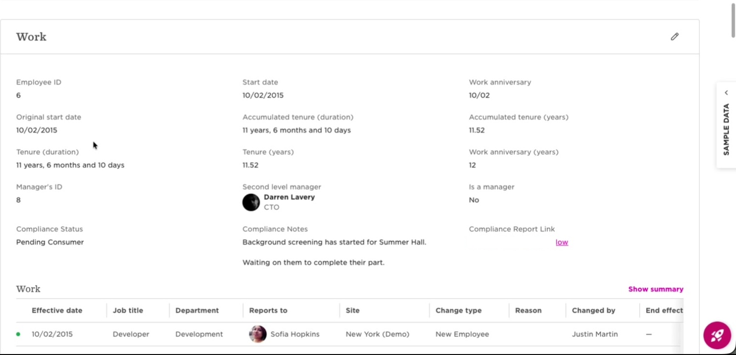 The same employee record showing Compliance Status Pending Consumer, a note saying screening has started and is waiting on the employee, and a report link