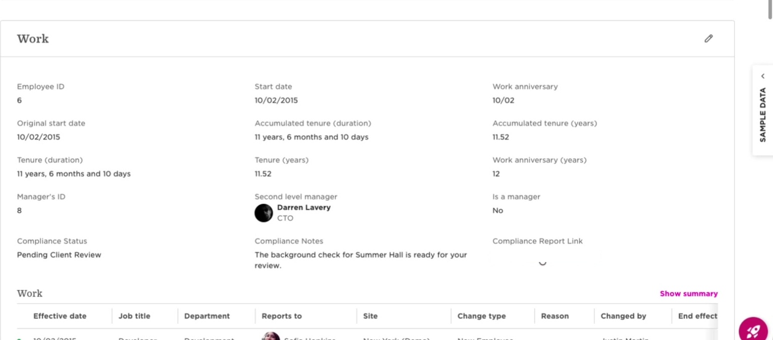 Employee record showing Compliance Status Pending Client Review with a note saying the check is ready for review and a link