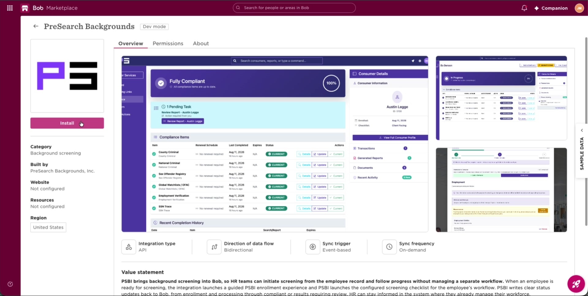 PreSearch Backgrounds listing in the Bob Marketplace showing integration type, bidirectional data flow, event-based sync trigger and on-demand frequency