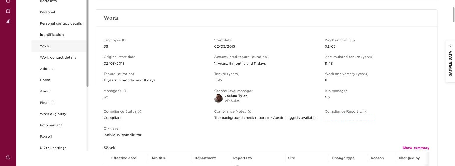 Employee record showing Compliance Status Compliant with a note saying the report is available and a link