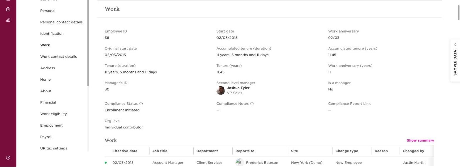 An employee's Work tab in Bob with Compliance Status reading Enrollment Initiated and the notes and report fields still empty